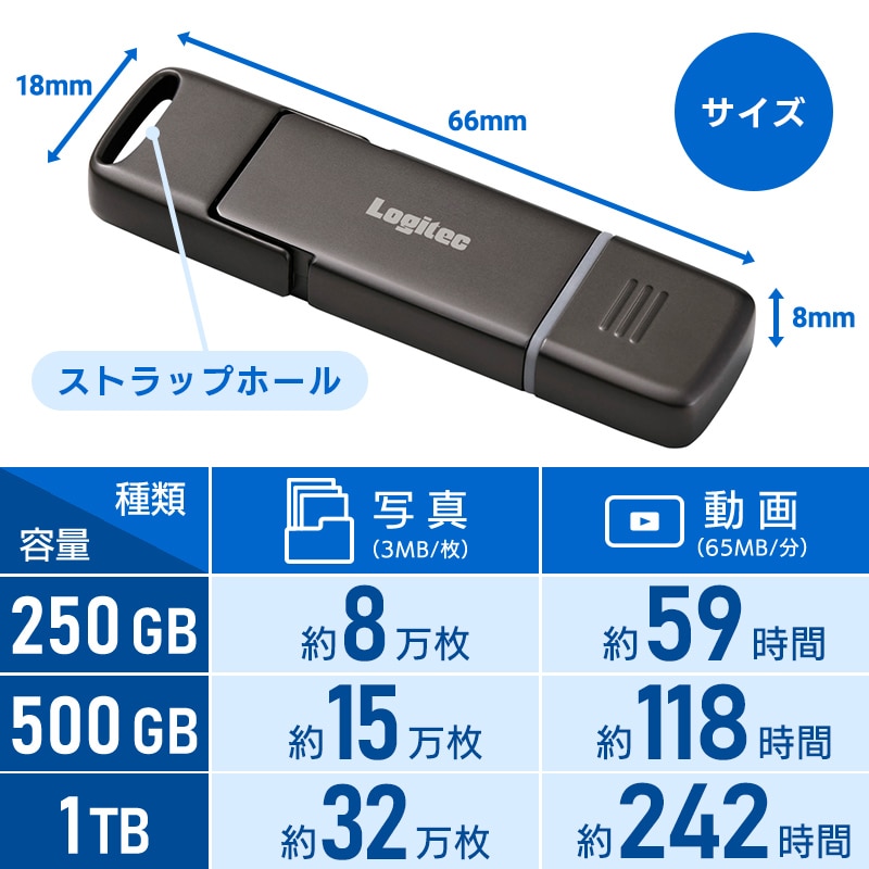 SSD 外付け 500GB Android iPhone 対応 USB Type-A / USB Type-C USB-C 両挿し 画像編集ソフト PhotoDirector 付属 スティック型 コンパクト USBメモリサイズ USB3.2 Gen2 PS5 動作確認済 ロジテック LMD-SPF050UAC