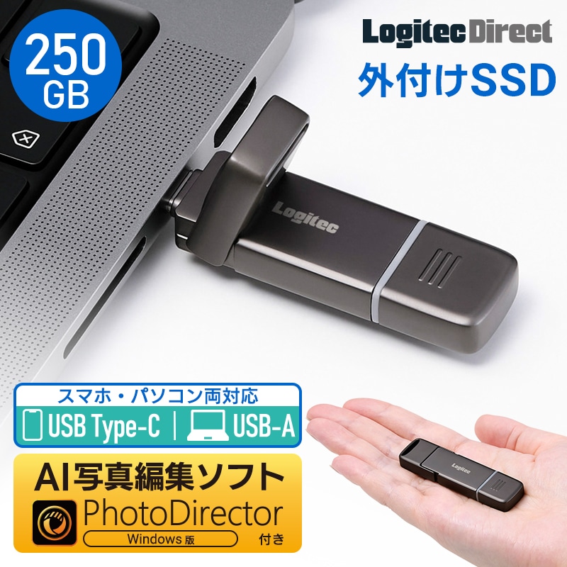 SSD 外付け 250GB Android iPhone 対応 USB Type-A / USB Type-C USB-C 両挿し 画像編集ソフト PhotoDirector 付属 スティック型 コンパクト USBメモリサイズ USB3.2 Gen2 PS5 動作確認済 ロジテック LMD-SPF025UAC